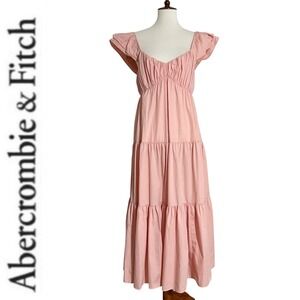 Abercrombie & Fitch Ruffle Sleeve Tiered Poplin Midi Dress in Pink Size Small